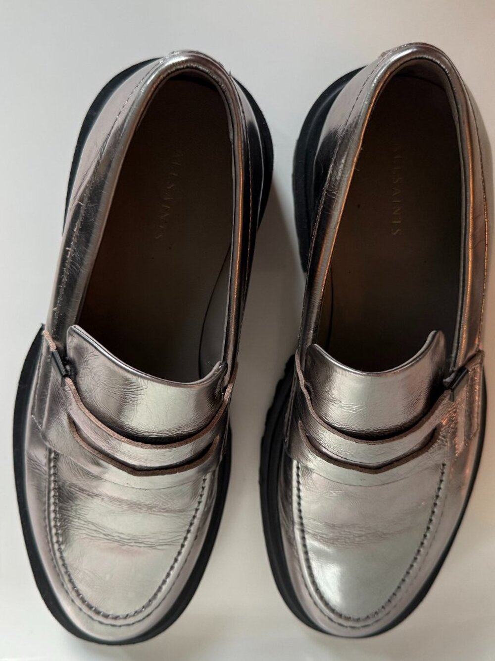 All Saints silver leather loafters like new